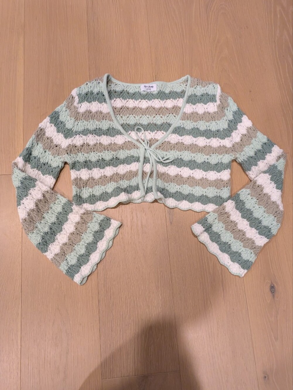 Striped Crochet Tie-Front Top in Mint, Cream & Taupe
